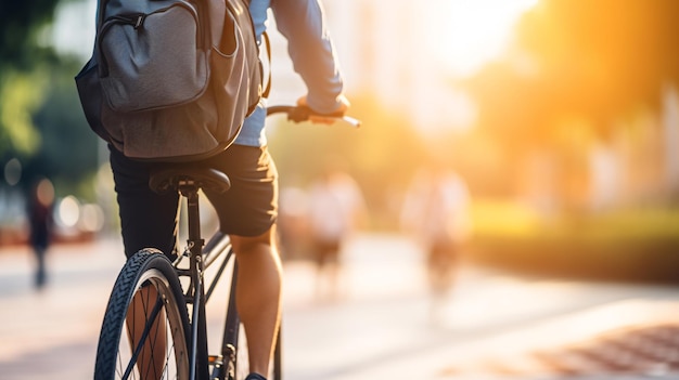 Duurzaam reizen Achtergrondbeeld van een man die op een fiets op een stadsstraat rijdt Duurzaam toerisme en laag