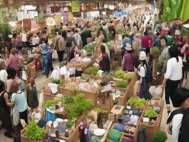 Foto duurzaam winkelen, een bruisende markt met milieuvriendelijke producten die worden gegenereerd