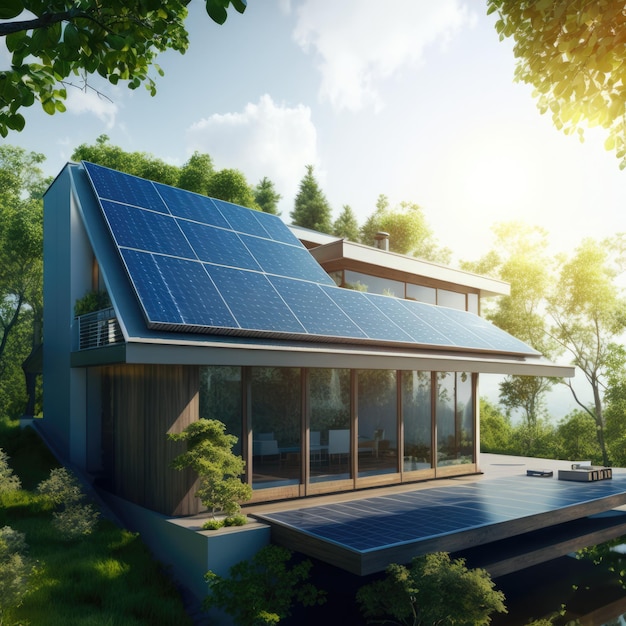 Duurzaam wonen Zonnepanelen op een modern dak Generatieve AI