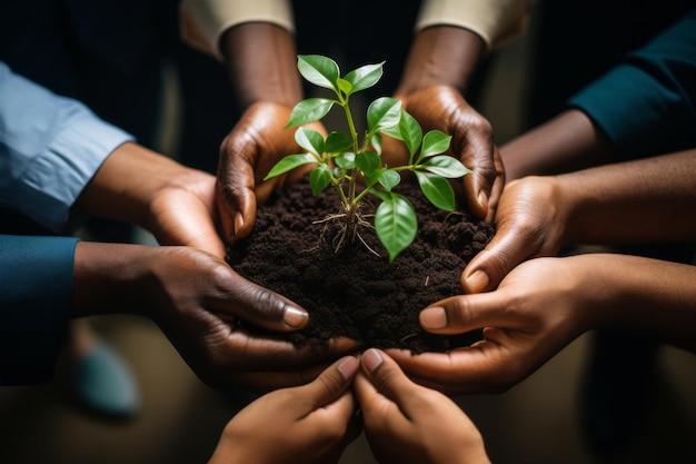 Duurzaamheid van planten en aarde met de handen van zakenlieden voor teamwerk