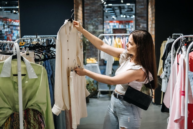 Duurzame mode slow fashion bewust winkelen jonge latina vrouw winkelen in moderne kleding