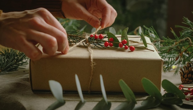 Duurzame verpakking van kerstcadeaus Handen inpakkende geschenkdoos voor Kerstmis