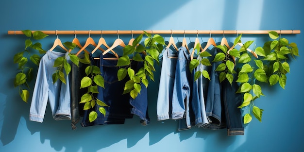 Duurzame winkelen Verschillende soorten spijkerbroek met houten hangers op blauwe achtergrond met bladeren en schaduwen Denim kledingwinkel Lenteverkoop Casual wear