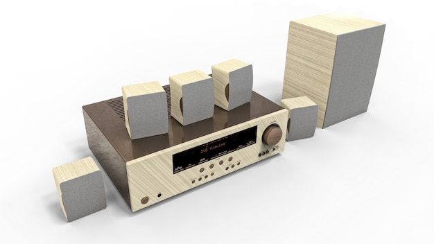 DVD receiver and home theater system with speakers and subwoofer made of painted metal and light wood. 3d illustration.