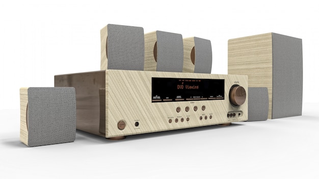 DVD receiver and home theater system with speakers and subwoofer made of painted metal and light wood. 3d illustration.