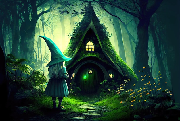 Dwarf elf in the magical forest with green vintage hut background Generative AI