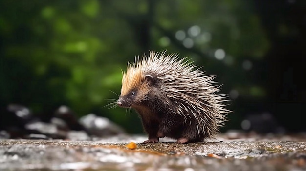 Dwarf porcupine on the grass with the morning sunlight