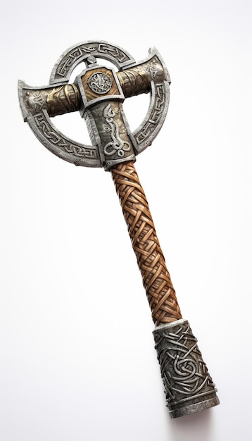 Foto dwarven glaive bijl met houten handvat