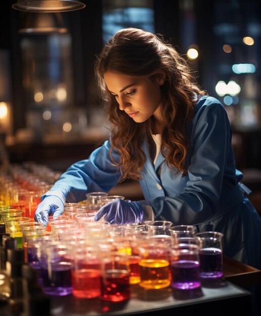 Foto specialista nella preparazione della tintura in azione creando soluzioni colorate