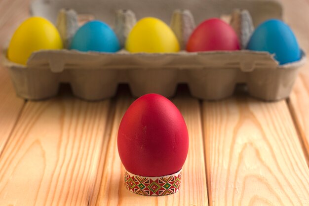 Dyed eggs in the tray. Easter.