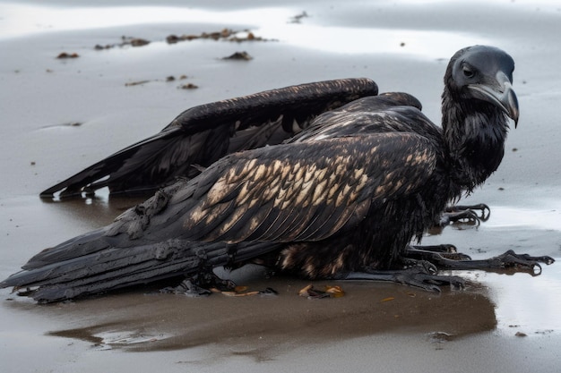 해변에서 연료유에 날개가 묻은 죽어가는 새 AI 생성 콘텐츠