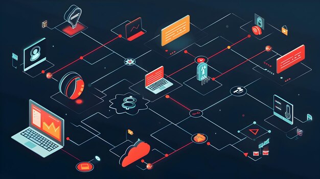 Foto diagramma di flusso 3d dinamico dei canali di comunicazione aziendale che evidenzia l'interconnessione e la trasformazione digitale