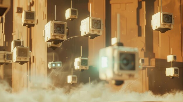 Photo a dynamic 3d model of floating cameras equipped with ai battling to maintain cybersecurity amidst the chaos of a blinding sandstorm studio lighting