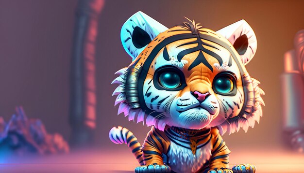 Photo dynamic 3d render cute tiger character in movie poster composition gazes right