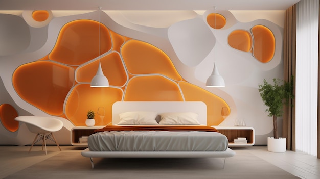 A dynamic 3D wall design in the bedroom with amber and white ovalshaped panels arranged in an asymme