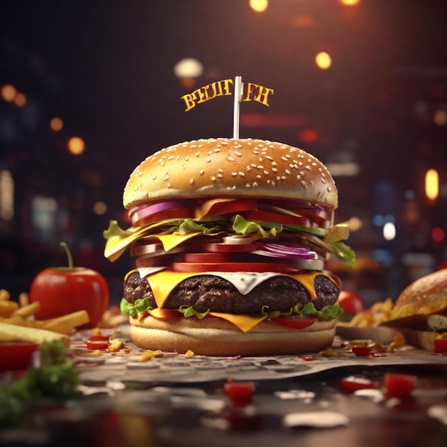 Dynamic 4K graphic showcasing a 3D fast food scene featuring a Burger