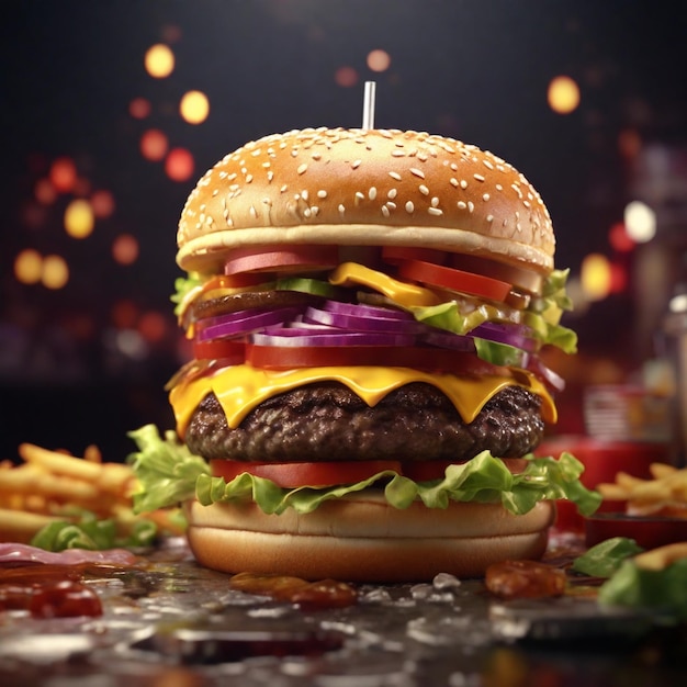 Dynamic 4K graphic showcasing a 3D fast food scene featuring a Burger