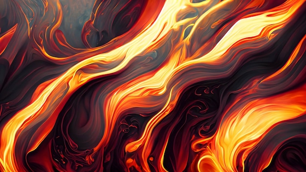 Photo dynamic abstract background resembling swirling ribbons of molten lava with a mix of fiery hues and