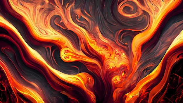 Фото Динамичный абстрактный фон, напоминающий закрученные ленты расплавленной лавы со смесью огненных оттенков и