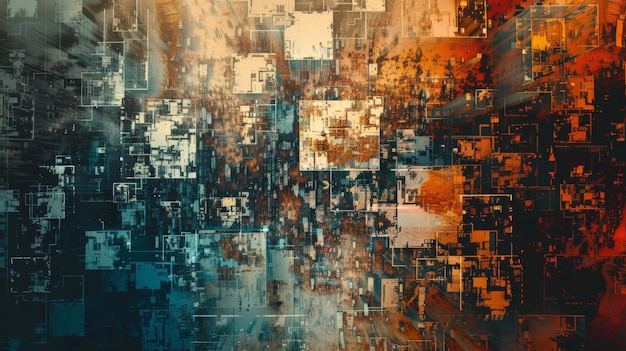 dynamic abstract digital art with a blend of vibrant orange blue and white squares creating an energetic and modern visual composition