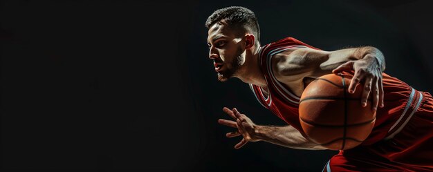 A dynamic action shot of a young professional basketball player isolated on a black background captu