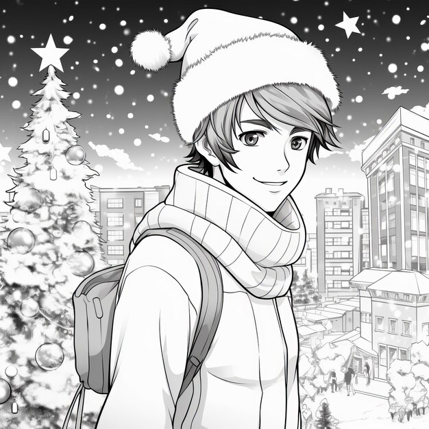 Dynamic Adventures Anime Teenager in een kersthoed Een gedetailleerd kleurboek voor volwassenen met een Vibran