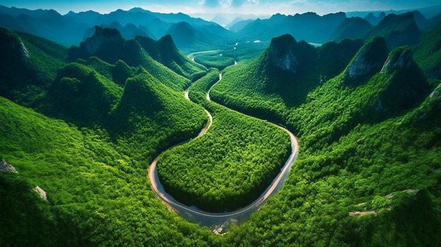 A dynamic aerial view of a serpentine river meandering through a lush mountain landscape during a bright summer morning