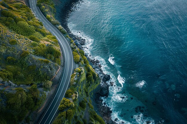 Dynamic aerial view of a winding coastal road over