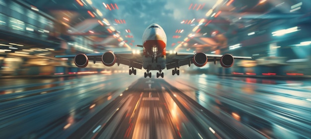 Photo dynamic air freight advertisement mockup featuring a plane taking off with motion blur ideal for logistics and transportation promotions
