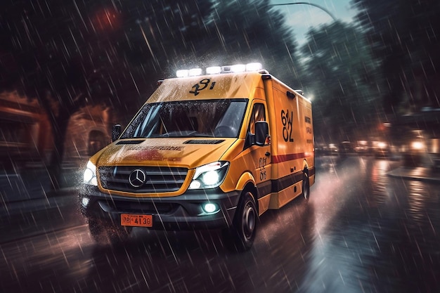 Dynamic Ambulance Racing Through Rain on a Stormy Night Generative AI
