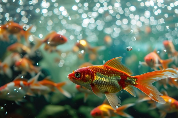 色とりどりの泳ぐ魚を持つダイナミックな水族館