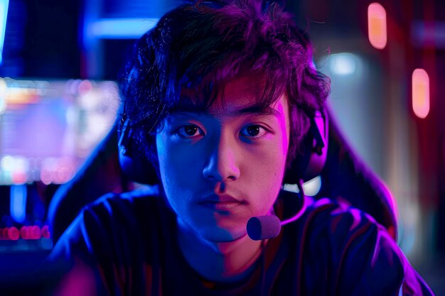 Dynamic Asian Gamer Streaming Online Video Games with Vibrant Lighting from Home