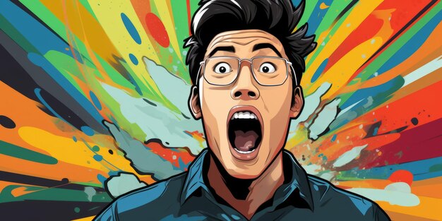 Photo dynamic asian male in comic style yelling against a colorful pop art backdrop generative ai