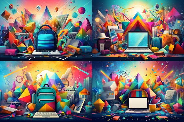 Dynamic back to school background with a burst of colorful geometric shapes
