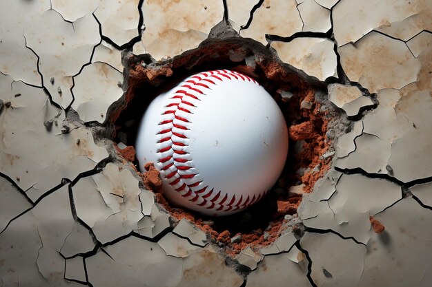 Photo dynamic baseball imagery ball piercing through wall with dramatic cracks