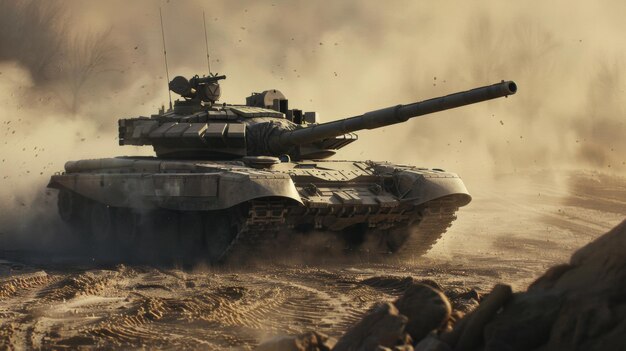 Photo dynamic battle tank speeding through a dusty terrain in action