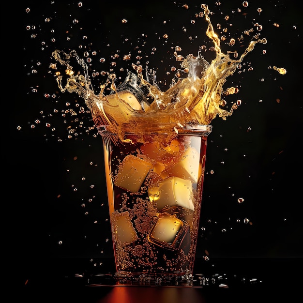 Dynamic beverage splash in a glass ice cubes midair perfect for advertisements highspeed photography refreshment concept AI