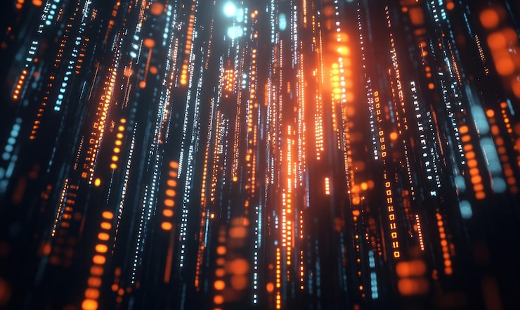 Photo dynamic binary code visualization with blue and orange streams in motion representing data flow programming and cyber technology concepts