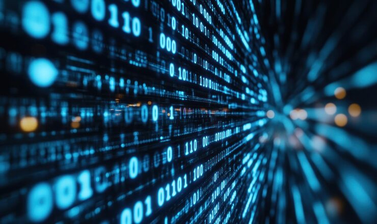 Photo dynamic binary code visualization with blue streams in motion representing data flow programming and cyber technology concepts