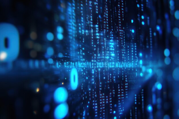 데이터 흐름 프로그래밍과 사이버 기술 개념을 나타내는 움직이는 파란색 스트림으로 동적 바이너리 코드 시각화