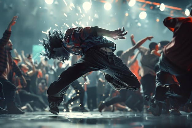 A dynamic breakdancing battle with skilled dancers