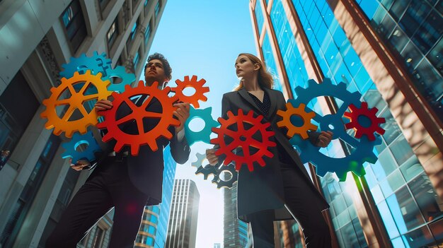 Dynamic business team with colorful gears in urban setting corporate synergy concept modern professionals at work AI