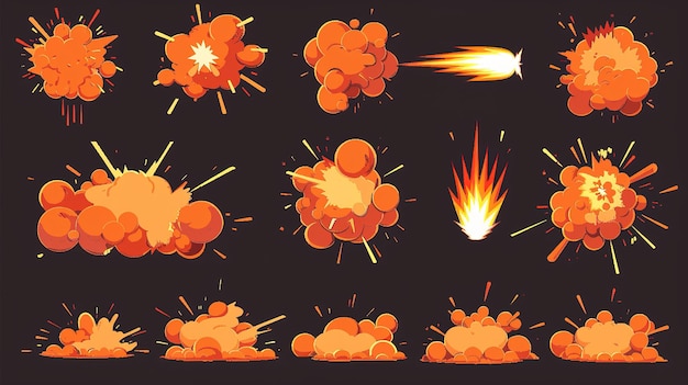 Photo dynamic cartoon explosions and smoke clouds on a dark background