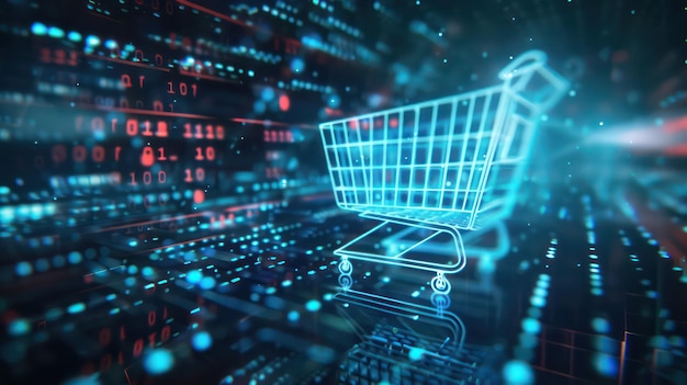 a dynamic cgi image of a holographic shopping cart icon floating in a digital environment with binar
