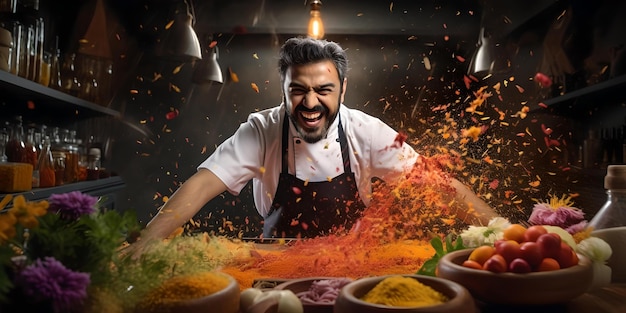 Dynamic chef in action in a burst of colors culinary art and passion creative kitchen scene AI