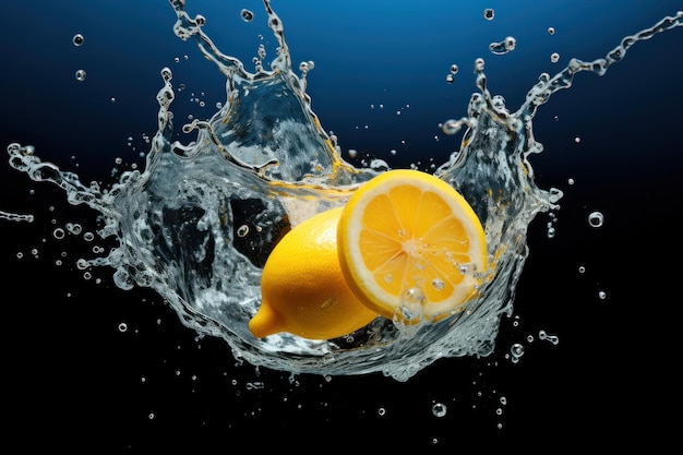 Dynamic Citrus Splash Orange met water en sap op een donkere achtergrond Generatieve AI