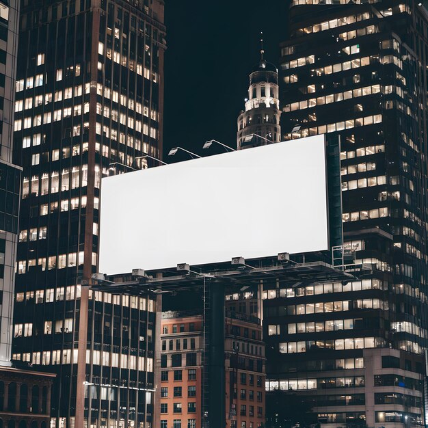 Фото Динамичный городской пейзаж ночью с пустым рекламным щитом высокие здания оживленная атмосфера для социальных сетей