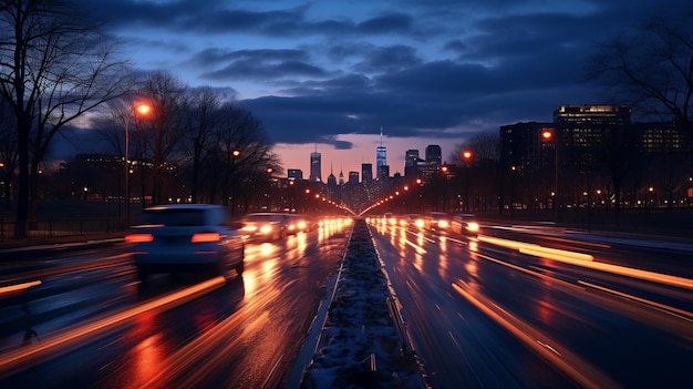 Dynamic Cityscape at Night with Blurry Car Lights Glowing Street Lamps and Dazzling Illuminations