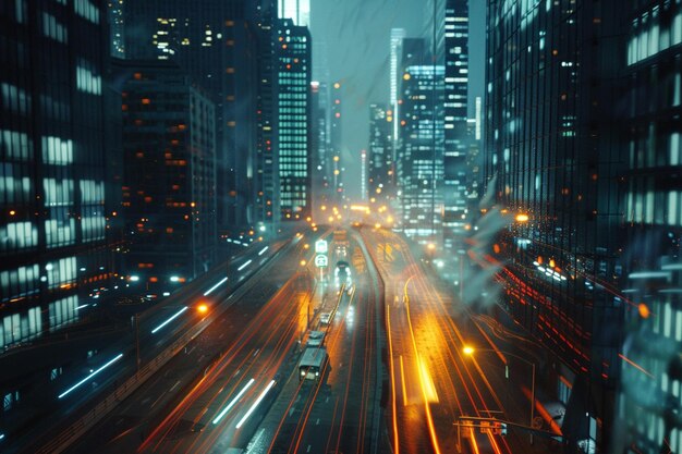 Dynamic cityscape with streaks of car lights at ni