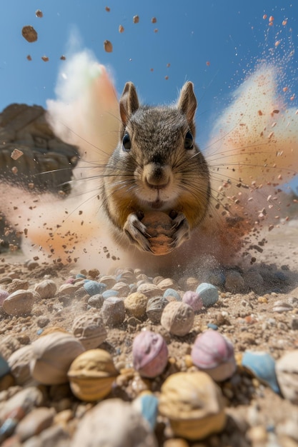 dynamic close up of squirrel mid action with exploding soil and pebbles in natural habitat